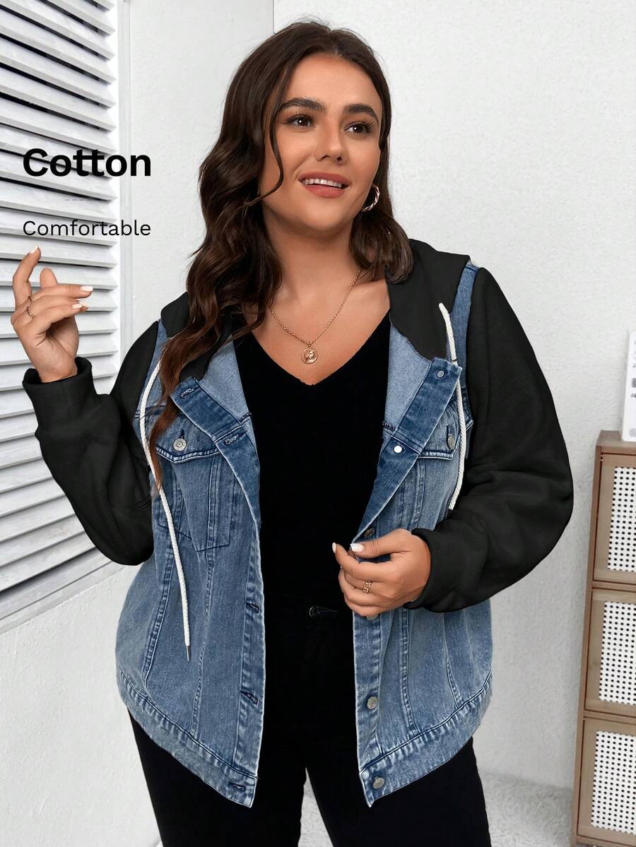 SHEIN LUNE Plus Size Two Tone Denim Jacket With Hood Winter Fall Autumn Black - Baby Blue - View 1