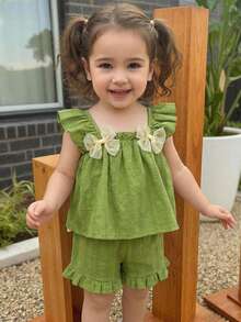 Cozy Pixies Babygirl Summer Casual Vacation Green Textured Ruffle Bow Camisole And Elastic Waist Shorts Set - Green - View 9