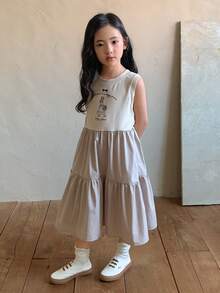 DAZY Young Girl Round Neck Casual Floral Print Colorblock Cute Dress Summer - Baby Pink - View 1