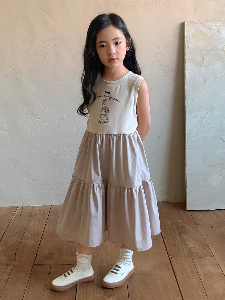 Young Girl Round Neck Casual Floral Print Colorblock Cute Dress Summer