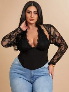 SHEIN BAE 大码女式撞色蕾丝吊带上衣 - 黑色 - 查看 7