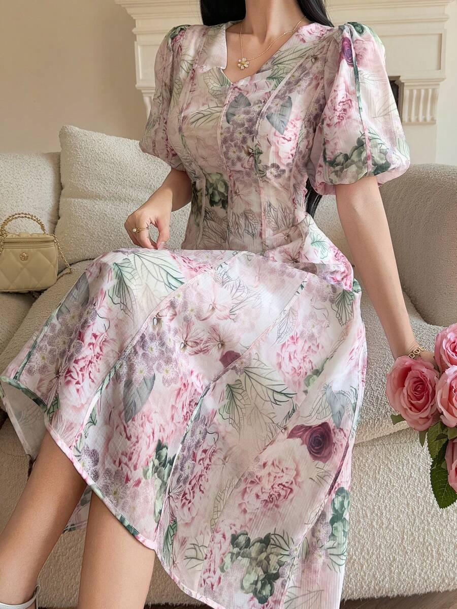 DAZY Đầm midi tay phồng cổ chữ V họa tiết hoa thanh lịch dành cho nữ, đầm dự tiệc cưới mùa hè. - Hồng - Xem 1