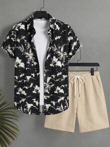 Horizaway 男士夏季度假全印花纽扣衬衫和短裤套装 - 彩色 - 查看 2