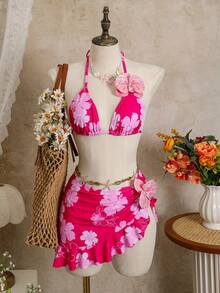 Bellisia 3件套女士印花挂脖三角比基尼套装，带3D立体花朵装饰 - 玫紅色 - 查看 1