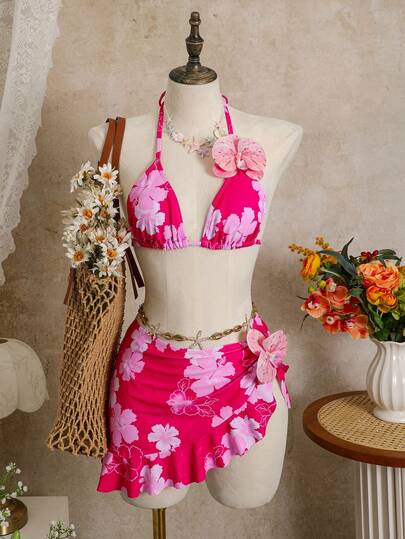 Bellisia 3件套女士印花挂脖三角比基尼套装，带3D立体花朵装饰