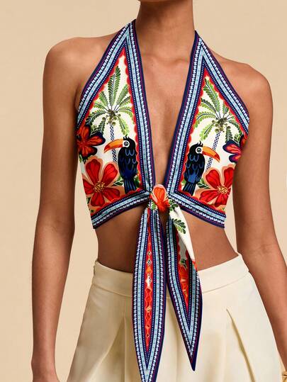 Travachic Casual Minimalist Vacation Bohemian Elegant Romantic Retro Tropical Plant Parrot Floral Print Pattern, Beach Outfit, Vacation Outfit, Summer Outdoor Women Tie Front Blouse