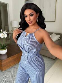 Vavine Women's Casual Blue & White Striped Fabric Backless Beaded Design Waist Button Tie Jumpsuit - Blue - View 4