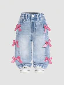 SHEIN 女婴/女童百搭做旧水洗直筒牛仔裤 - 中等水洗藍 - 查看 3