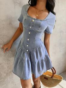 Sunnyshic 女士牛仔超长高开衩连衣裙 - 藍色 - 查看 3