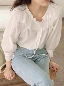 DAZY 女士浪漫荷叶边领长袖衬衫夏季 - 白色 - 查看 6