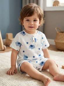 Vintaside Kids 2件套男婴可爱西瓜印花短袖T恤和短裤套装 - 藍色 - 查看 6