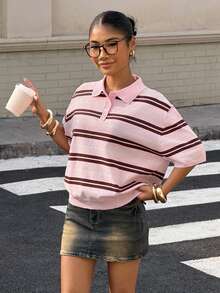 Muchica Áo polo tay ngắn kẻ sọc dáng casual dành cho nữ, thích hợp cho kỳ nghỉ xuân, đi chơi, kiểu dáng dễ thương, áo tay ngắn thời trang. - Nhiều màu - Xem 3