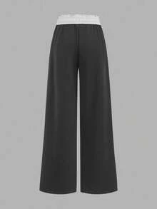 SHEIN Quần nỉ rộng rãi, thoải mái cho bé gái tuổi teen, cạp thấp, lưng thun, ống rộng, phối màu, phù hợp cho mùa xuân, hè, thu, đông và mùa tựu trường. - Xám - Xem 5