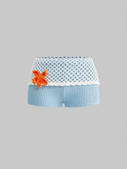 ROMWE Crochet Knit Extremely Low Waist Micro Mini Flower & Starfish Decor Shorts