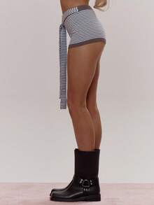MUSERA Blue White Stripe Striped Ribbed Contrast Hem Waist Tie Fitted Knit Mini Shorts,Autumn Casual Lounge Cute Girly Daily Sugar Swizzle - Multicolor - View 4