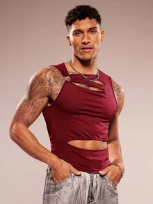 FeverCity Áo tank top nam không tay cổ tròn khoét lỗ, chất liệu dệt kim, kiểu dáng thường ngày, thích hợp cho mùa xuân/hè. - Màu Đỏ Sâu - Xem 3