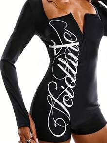 LYSMO 女士字母印花修身连体泳衣，带短裤，适合泳池/海滩穿着 - 黑色 - 查看 5