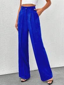 SHEIN Tall Tall Women's Solid Color High Waisted Wide Leg Pants - Royal Blue - View 1