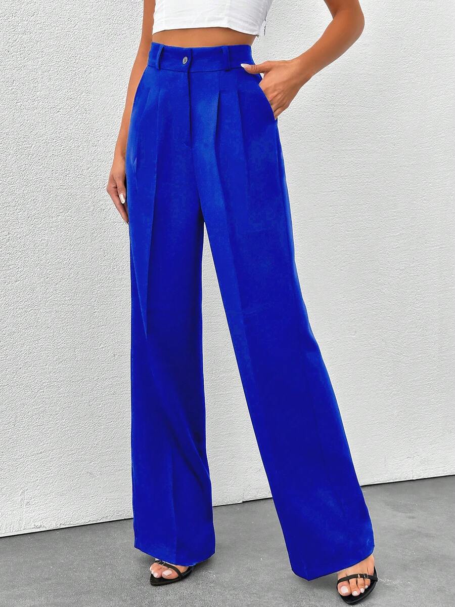 SHEIN Tall Tall Women's Solid Color High Waisted Wide Leg Pants - Royal Blue - View 1