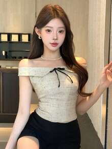 DAZY Bow Tie Strap Women's Shirt, Designed For Spring, Summer, Valentine's Day Off The Shoulder Top Going Out Tops - Apricot - View 8