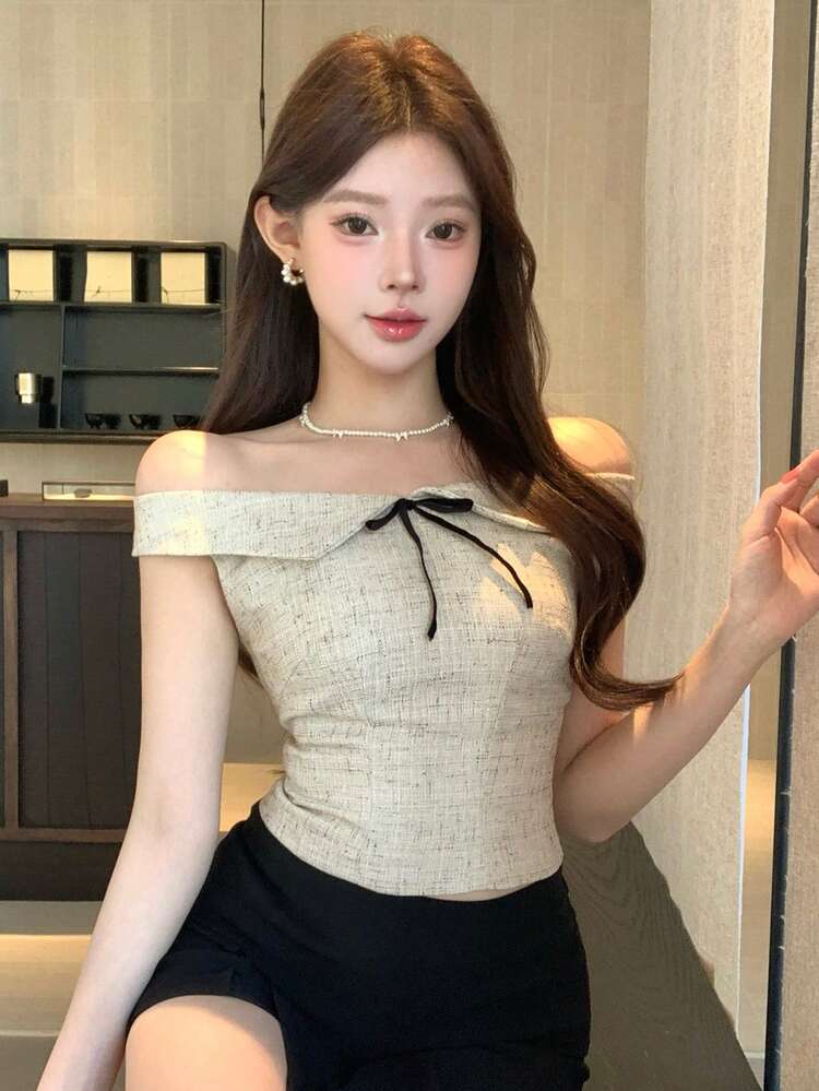 Bow Tie Strap Women's Shirt, Designed For Spring, Summer, Valentine's Day