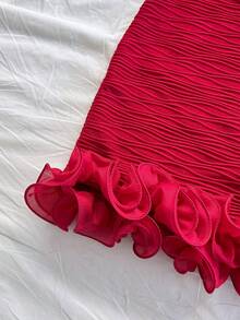 Soleia 女士夏季沙滩度假优雅纹理面料荷叶边抹胸上衣和半裙两件套 - 酒紅色 - 查看 5