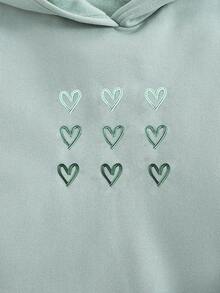 SHEIN Tween 女童宽松休闲简约心形图案连帽运动衫，长袖，适合秋冬季 - 綠色 - 查看 6