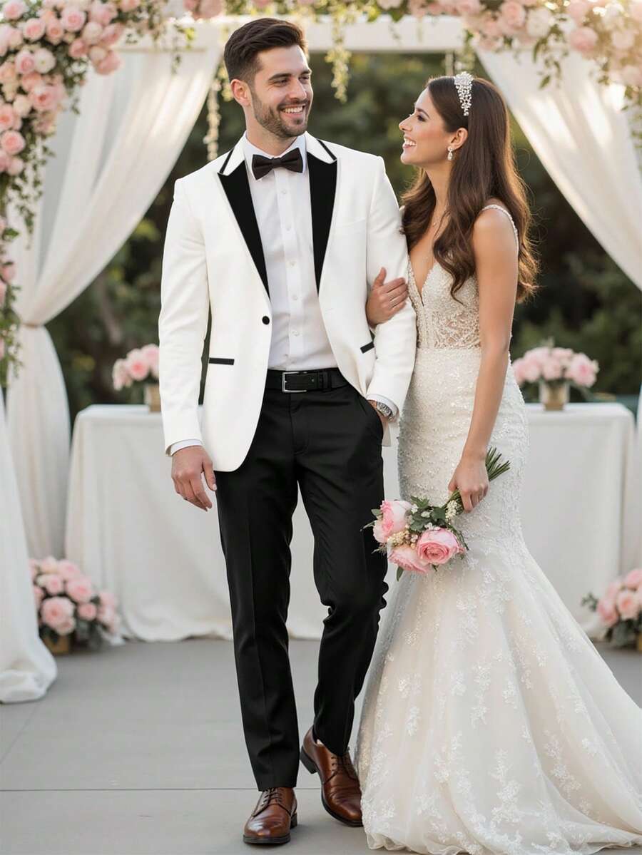 Manfinity Bizformal Bộ vest nam tối giản màu trơn gồm áo khoác và quần, bộ vest cưới chú rể màu trắng và đen, trang phục cưới hai mảnh cho chú rể, thích hợp cho các chuyến đi cuối tuần, hoạt động ngoài trời, du lịch, môi trường làm việc thoải mái hoặc các dịp bán trang trọng, quà tặng cho bạn trai/chồng, quà kỷ niệm/sinh nhật, tiệc tùng, kỳ nghỉ hè, lễ hội, năm mới, đám cưới, ngày Valentine, bộ vest tuxedo. - Đen và trắng - Xem 1