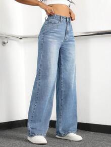 SHEIN Tall 女士休闲猫须做旧直筒牛仔裤，带斜插口袋 - 淺色水洗藍 - 查看 4