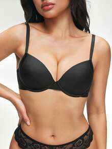 SHAPORA 1pc Black Smooth Underwire Bra With Double Rows Of Buttons, Supportive Cleavage - Black - View 6