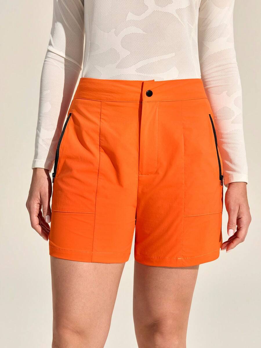 SHEIN Sports Women's Solid Color Pocket Button Casual Versatile Daily Outdoor Shorts - Orange - View 1