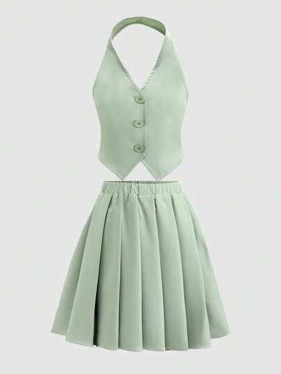 少女纯色单排扣吊带背心和百褶迷你裙休闲套装