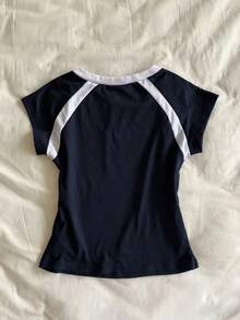 Glimmora Camiseta casual de mujer con cuello redondo, estampado numérico y mangas cortas tipo raglan - Multicolor - Ver 2