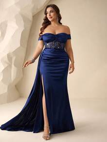 Coutiva 大码亮片装饰露肩正式晚礼服 - 藏蓝色 - 查看 6