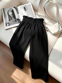 SHEIN Franclia 女士休闲日常办公通勤简约高腰褶裥纽扣装饰宽松阔腿西装裤 - 黑色 - 查看 2