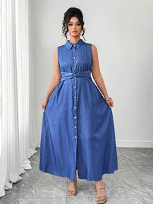 Elenzga Women's Plus Size Sleeveless Denim Effect Shirt Dress Long Blue With Collar And Pockets For Casual Wear - Blue - View 6