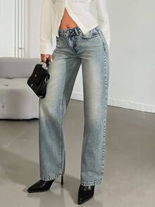 EURMUSE 女士时尚休闲水洗斜插口袋直筒牛仔裤 - 淺色水洗藍 - 查看 3