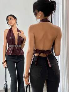 Siren Gaze 女士新款酒红色PU铆钉露背上衣，春夏款 - 酒紅色 - 查看 2