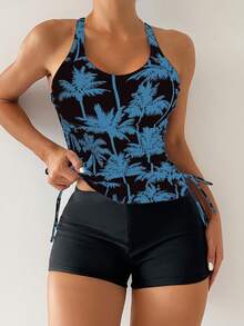 Swim Lushoire Women's Halter Tie Coconut Tree Print Tankini Swimsuit Set, Suitable For Beach Vacation - Multicolor - View 1