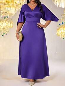 SHEIN Lady Đầm thanh lịch cỡ lớn, màu trơn, kiểu dáng thắt eo chéo, chất liệu vải cotton. - Màu tím - Xem 5