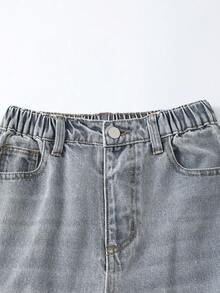 Denimly 男童休闲日常都市街头风弹力腰拉链口袋做旧设计直筒牛仔裤 - 中等水洗藍 - 查看 4