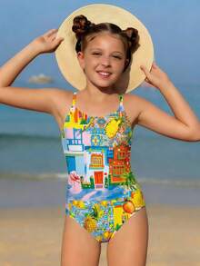 Baddräkt med tropiskt tryck för tweenflickor, elastiskt vävt tyg, tropiskt tryck, bad på stranden - Vitt - Visa 1