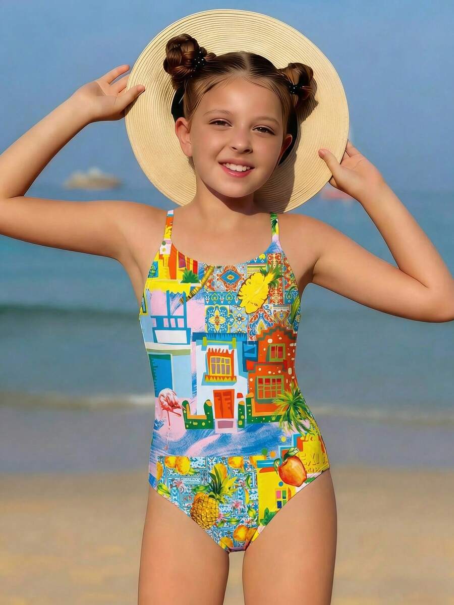 Baddräkt med tropiskt tryck för tweenflickor, elastiskt vävt tyg, tropiskt tryck, bad på stranden - Vitt - Visa 1