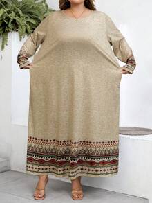 SHEIN CURVE+ 加大码黑色长袖宽松A字中长连衣裙，时尚秋冬连衣裙 - 卡其色 - 查看 8