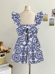 Sparklyn Girls' Elegant Digital Print Jumpsuit, Hollow Bowknot Design At Back Waist, Suitable For Outings, Vacations And Daily Wear, Spring/Summer - White - View 9