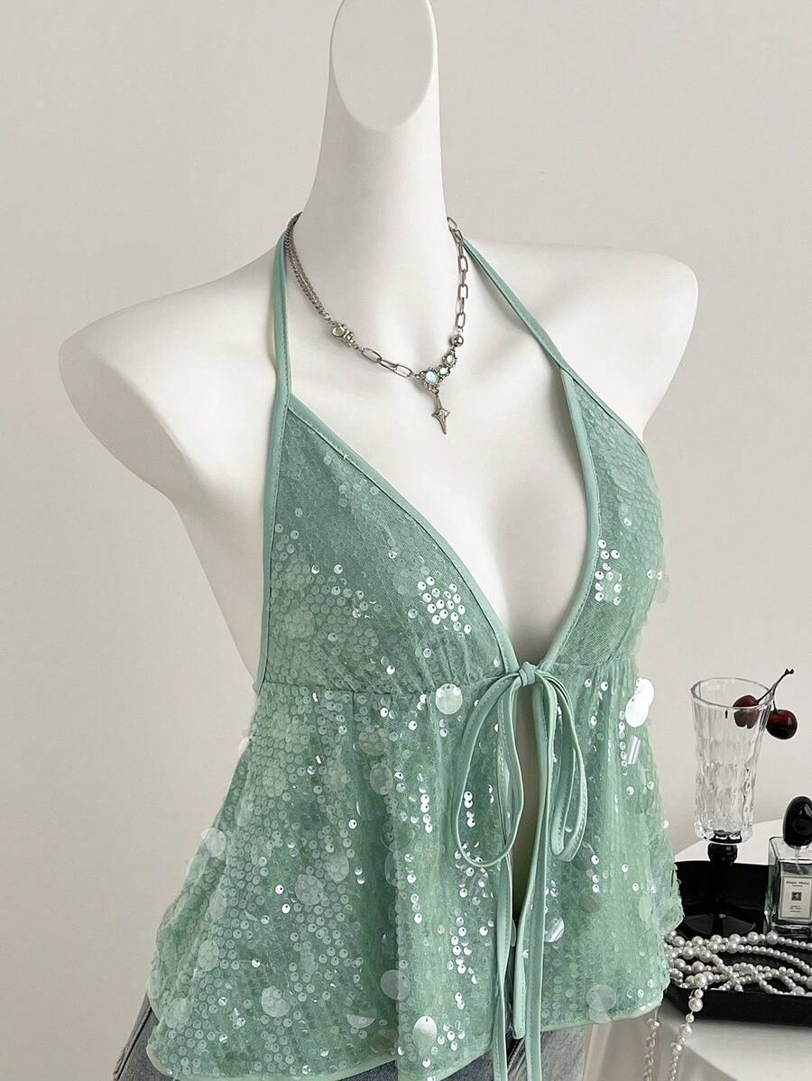 Elamini 女士亮片吊带背心，性感派对度假风，浅绿色，春夏款 - 薄荷綠 - 查看 1