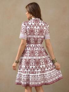 Wildy 波西米亚风蓝白瓷纹印花中长连衣裙，夏季 - 玫瑰紅 - 查看 2