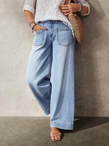 EMERY ROSE 女士口袋纽扣休闲百搭日常穿着阔腿牛仔裤 - 藍色 - 查看 1