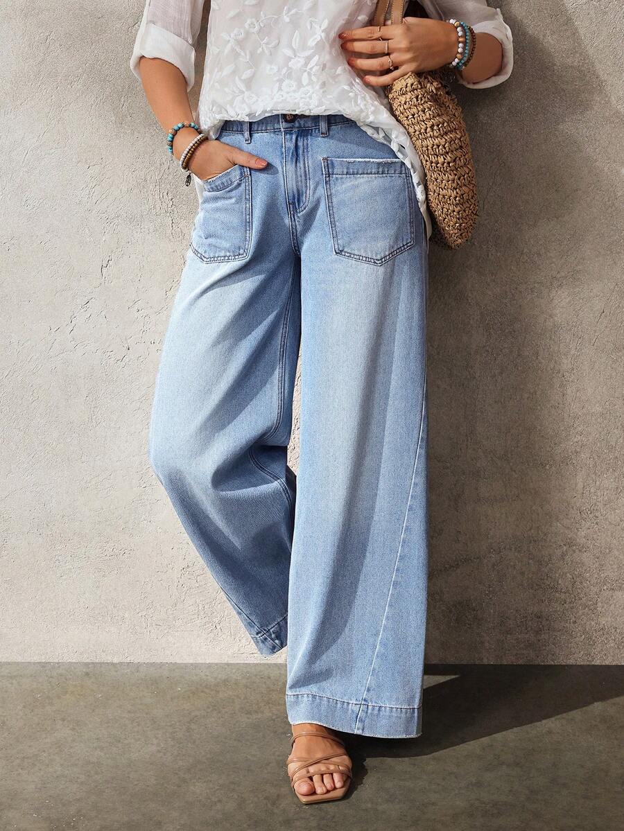 EMERY ROSE 女士口袋纽扣休闲百搭日常穿着阔腿牛仔裤 - 藍色 - 查看 1