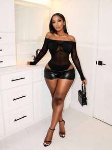 BamGleam Women's Sexy Sheer Mesh Patchwork Off Shoulder Bodysuit, Summer - Black - View 5